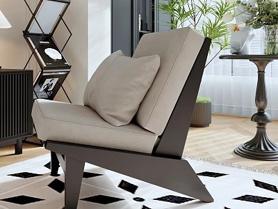 Beige Upholstered Leisure Chair With Dark Wood Frame On Patterned Rug And Indoor Plants 3d model