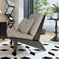 Beige Upholstered Leisure Chair With Dark Wood Frame On Patterned Rug And Indoor Plants