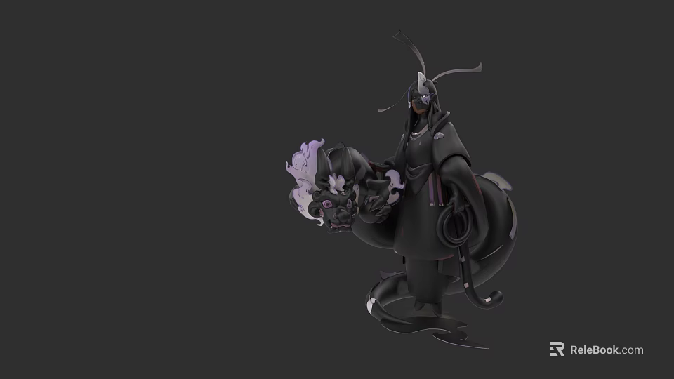 Mysterious Game Character In Black Attire With Purple Energy And Flowing Design 3d model 