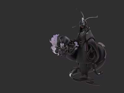 Mysterious Game Character In Black Attire With Purple Energy And Flowing Design 3d model