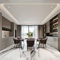 Modern Restaurant Interior with Grey Cabinets Marble Floor Dining Table and Chairs 3d model