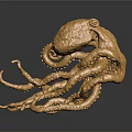 Golden Octopus Sculpture With Detailed Curly Tentacles And Metallic Texture On Dark Reflective Surface