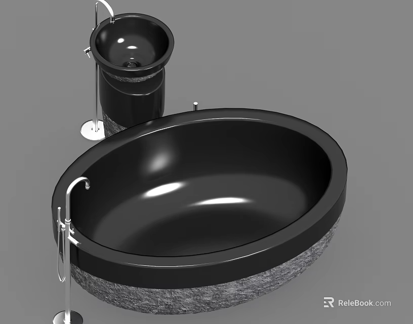 Modern Black Oval Bathroom Sink With Textured Stone Base Design 3d model 