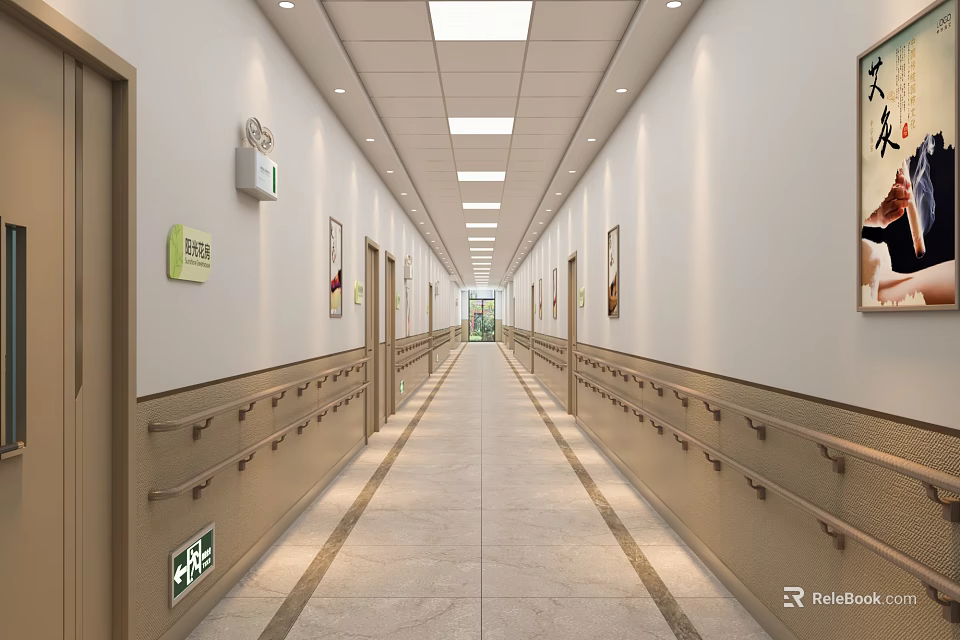 Spacious Hospital Elevator Corridor With Safety Handrails Signs And Ceiling Lights 3d model 