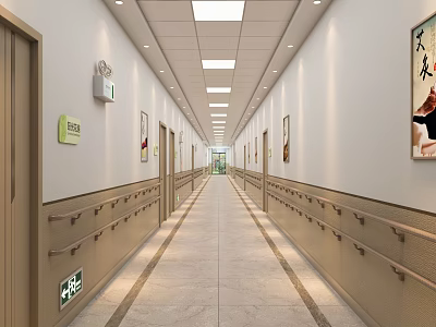 Spacious Hospital Elevator Corridor With Safety Handrails Signs And Ceiling Lights 3d model