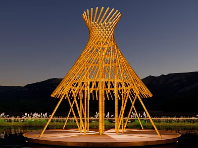 Unique Wooden Pergola With Creative Structure Illuminated At Night Against Mountain And Water Background 3d model