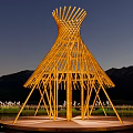 Unique Wooden Pergola With Creative Structure Illuminated At Night Against Mountain And Water Background