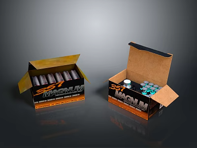 357 Magnum Ammunition Bullets in Opened Cardboard Boxes with Rounds Inside 3d model