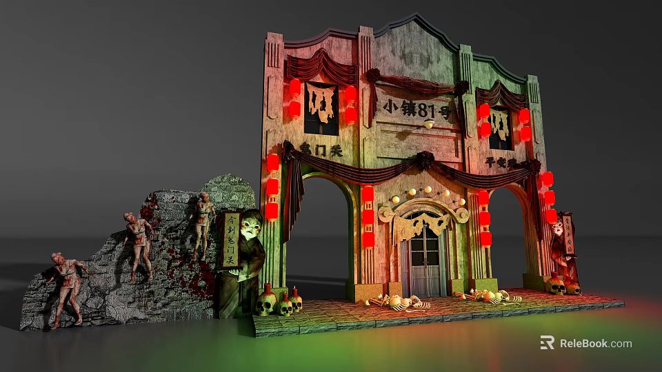 Chinese Style Horror Themed Shopping Mall Store With Red Lanterns Skulls And Bloodstains 3d model 