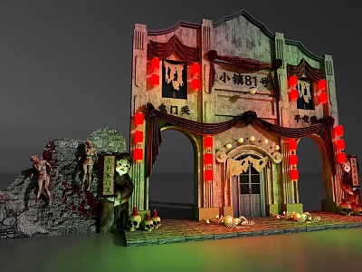 Chinese Style Horror Themed Shopping Mall Store With Red Lanterns Skulls And Bloodstains 3d model