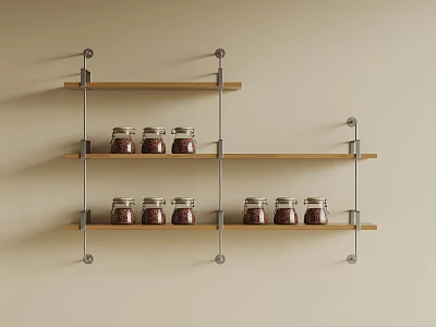 Multi Tier Wall Mounted Wooden Shelves With Glass Jars And Red Spices 3d model