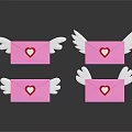 Four Decorative Pink Envelopes With White Wings Red Hearts And Reflections On Black Background