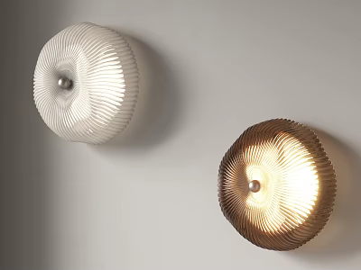 White And Copper Ribbed Wall Sconces Illuminated With Warm Light On Light Wall 3d model