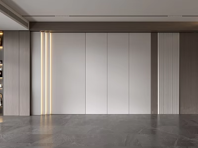Modern Sofa Background Wall Design With Wooden And Gray Panels And Light Strips 3d model