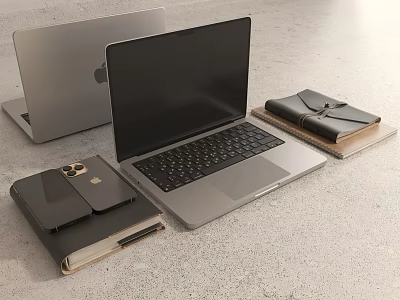 Modern Silver Laptop With Leather Notebook Phone Stand And Accessories 3d model