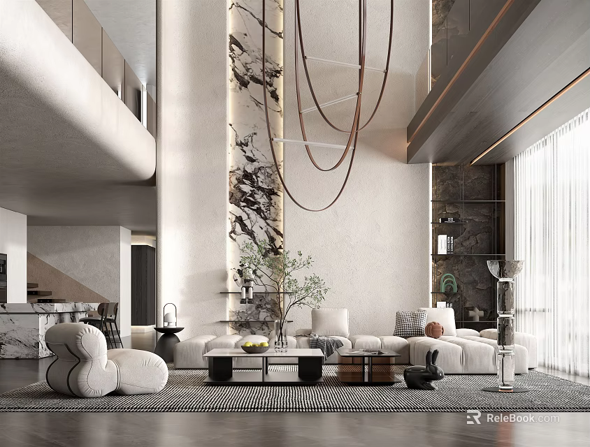 Modern Duplex Living Room Interior Design With High Ceiling Sofa And Chandelier 3d model 