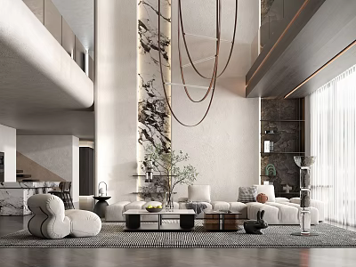 Modern Duplex Living Room Interior Design With High Ceiling Sofa And Chandelier 3d model