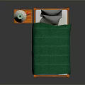 Wooden Bed With Green Quilt Gray Pillows Nightstand Lamp And Red Alarm Clock