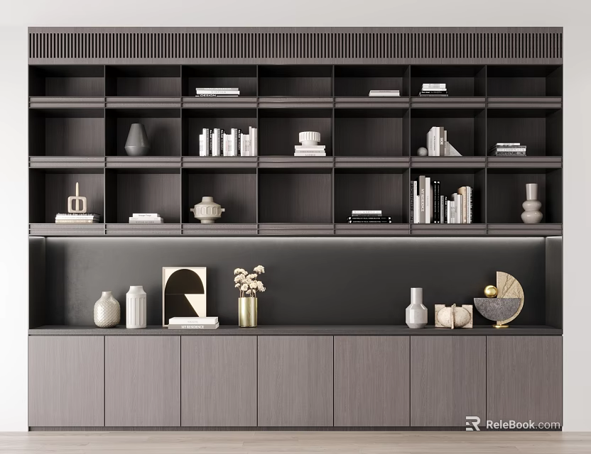 Modern Bookcase Design With Open Shelves Books Decorative Vases Sculptures And Cabinets 3d model 