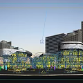 Modern Commercial Street With Glass Buildings Bright Lighting Pedestrians Open Plaza And Twilight Sky View 3d model