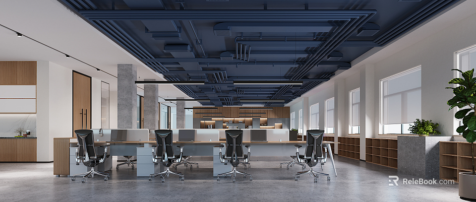 Contemporary Public Office Space With Ergonomic Chairs Desks Modern Lighting And Exposed Ceiling Design 3d model 