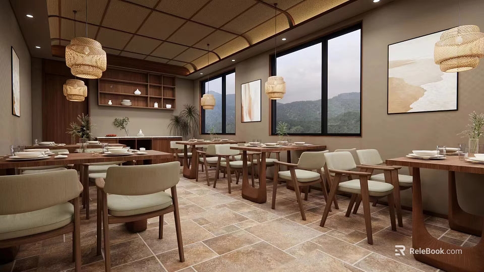 Banquet Hall With Wooden Decor Hanging Lanterns Large Windows Dining Tables And Decorative Paintings 3d model 