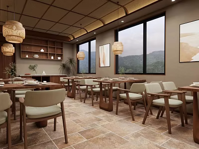 Banquet Hall With Wooden Decor Hanging Lanterns Large Windows Dining Tables And Decorative Paintings 3d model