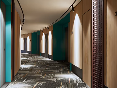 Curved Corridor Interior With Wooden Walls Recessed Lighting And Patterned Carpet 3d model