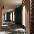 Curved Corridor Interior With Wooden Walls Recessed Lighting And Patterned Carpet