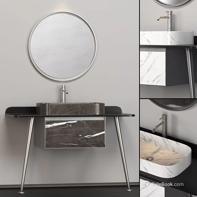 Modern Bathroom Vanity With Circular Mirror Marble Countertop And Metal Legs 3d model 