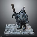 Dwarf Warrior Bronze Sculpture Holding Large Sword With Wrapped Handle On Stone Slab Base