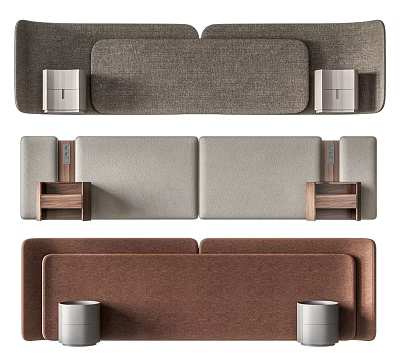 Modern Upholstered Headboard Designs In Gray And Brown With Wooden Shelves And Containers 3d model