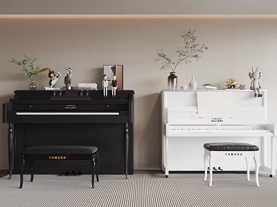 Instrument And Art Supplies Display With Black White Pianos Stools Sheet Music Plants Decor 3d model