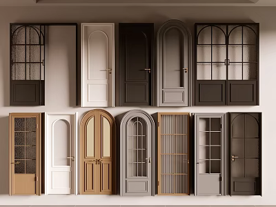 Various Door Designs With Arched Glass Panels And Multiple Colors Displayed Together 3d model