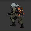 Crouching Figure In Protective Suit With Gas Mask Backpack And Rifle On Gray Background