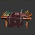 Wooden Entertainment Table With Red Tablecloth Books Quill Pen And Open Paper