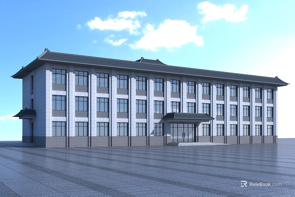 Traditional Modern Multi Story School Building With Tile Roof Large Windows And Glass Entrance 3d model 