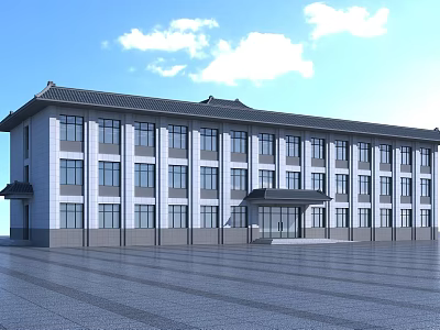 Traditional Modern Multi Story School Building With Tile Roof Large Windows And Glass Entrance 3d model
