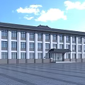 Traditional Modern Multi Story School Building With Tile Roof Large Windows And Glass Entrance