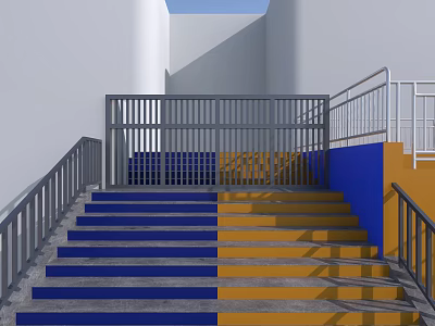 Colorful Staircase With Blue And Yellow Steps Metal Railings And White Walls 3d model