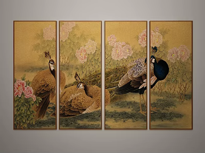 Four Panel Animal Painting With Peacocks Pink Flowers And Golden Background 3d model