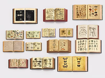 Various Ancient Open Books Featuring Hand Drawn Botanical And Zoological Illustrations 3d model