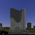 Modern Office Building With Glass Curtain Wall Unique Design And Greenery In Urban Area