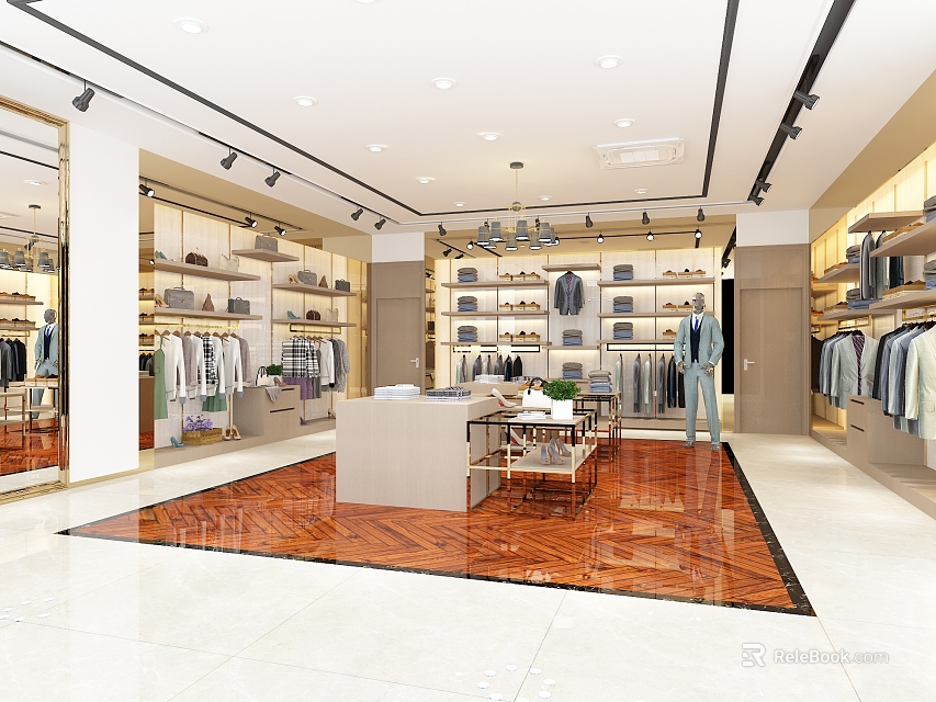 Bright Modern Clothing Store Interior With Garment Racks Display Tables And Mirrors 3d model 