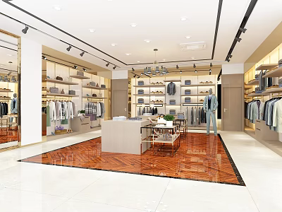 Bright Modern Clothing Store Interior With Garment Racks Display Tables And Mirrors 3d model