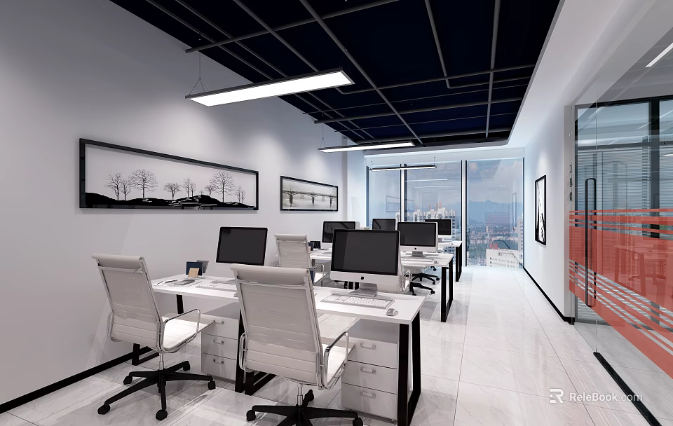 Modern Public Office Space Interior With White Desks Office Chairs Computer Monitors And City View 3d model 