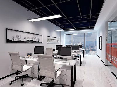 Modern Public Office Space Interior With White Desks Office Chairs Computer Monitors And City View 3d model