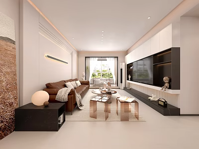 Modern Warm Tone Living And Dining Room With Leather Sofa And Full Wall Storage Cabinets 3d model