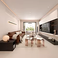 Modern Warm Tone Living And Dining Room With Leather Sofa And Full Wall Storage Cabinets