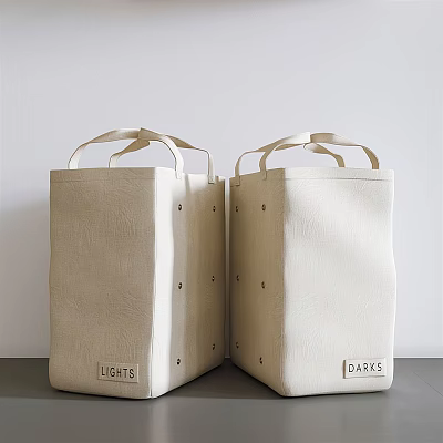 Beige Fabric Storage Boxes With Handles Button Details And Labels Lights Draws 3d model